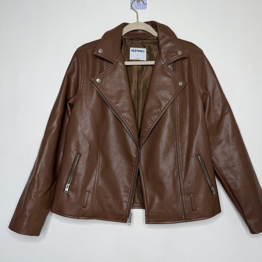 Old Navy Chocolate Brown Faux-Leather Moto Jacket - Asymmetrical Zip Size M